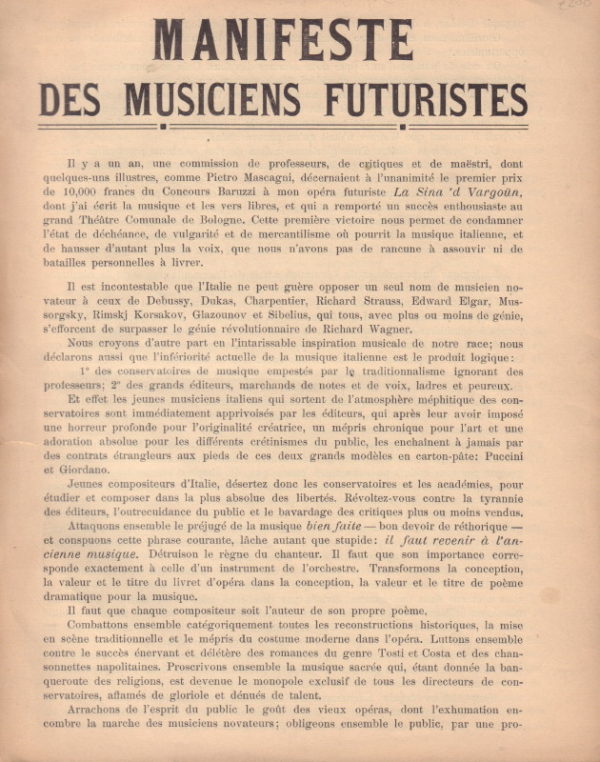 PRATELLA, Balilla. Manifeste des Musiciens Futuristes.