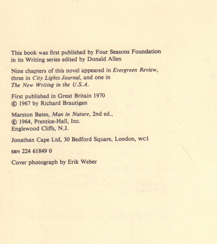 BRAUTIGAN, Richard. Trout Fishing in America. Cult Jones